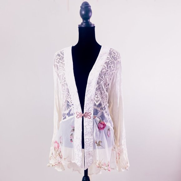 Womenโs Silk Boho Lace Kimono Romantic Rose Tunic Spencer Alexis Vintage Elegant - Picture 2 of 16